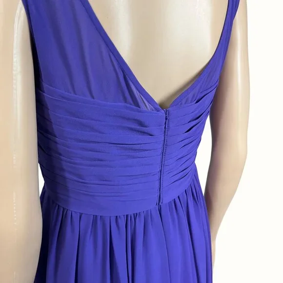 Bill Levkoff Purple Sleeveless Ruched Chiffon Gown With Sheer Neckline & V-Back - Picture 8 of 9
